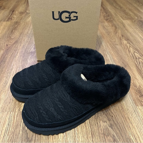 UGG black fur wool winter slippers slides shoes women’s 8 new in box - Picture 2 of 10